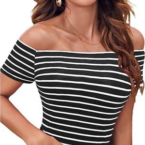 Fuinloth XL off the shoulder top. Black & White horizontal stripes.